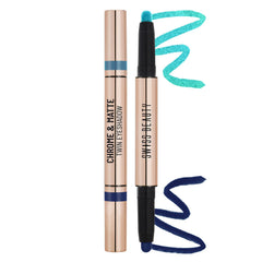 Twin chrome-and-matte eyeshadow stick with aqua teal swatch and two-color applicator