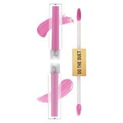 Duet lipstick set: pink tube, doe-foot applicator, matte and gloss swatches