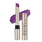 Plum shine lipstick in metallic gold tube with black collar, bullet shown