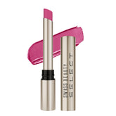Shiny rose-quartz pink lipstick with tube and cap, plus color swatch side