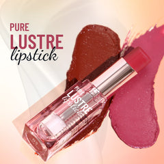 Rose-red luster lipstick with silver cap and clear tube plus lip swatch