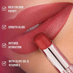 Red luster lipstick on lips with smooth, glossy finish and applicator tip