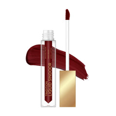 Liquid sindoor applicator with maroon doe-foot tip and swatch, in clear bottle