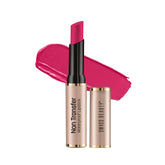 Non-transfer waterproof matte lipstick with cap and loud pink lip swatch