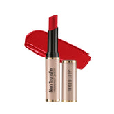 Non-transfer waterproof matte lipstick in hot red, open tube with red swatch