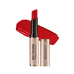 Non-transfer waterproof matte lipstick in hot red, open tube with red swatch