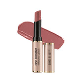 Non-transfer waterproof lipstick in nude mauve shade, with applicator tube and lip swatch