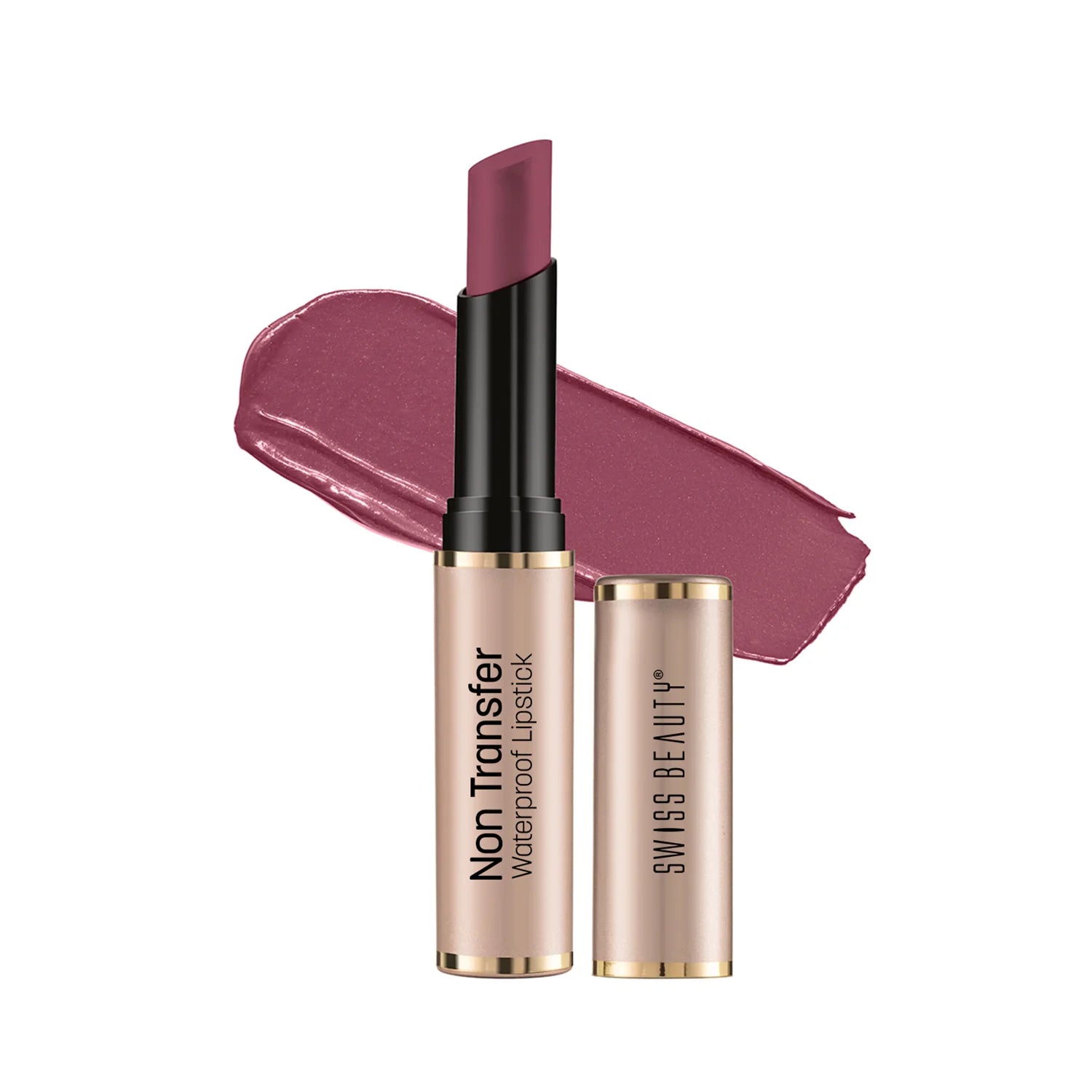 Swiss Beauty non-transfer waterproof lipstick, mauve shade with lipstick tube and swipe