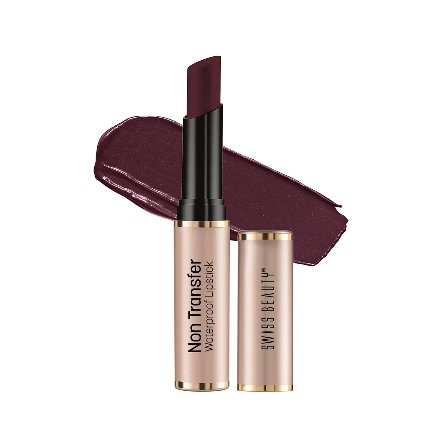Non-transfer waterproof matte lipstick, mulberry shade; two tubes and berry swatch