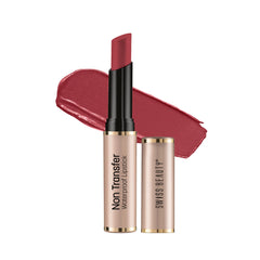 Waterproof non-transfer lipstick, coral-red bullet with matching lip swatch