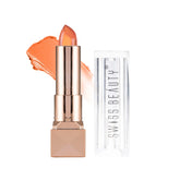 Glitter gel lipstick in metallic tube with orange-coral shade, with clear cap packaging