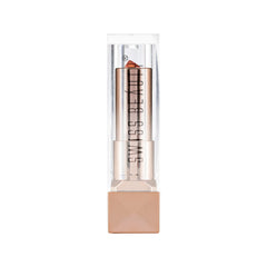 Glitter gel lipstick with orange-coral tint in clear sleeve, metallic outer tube
