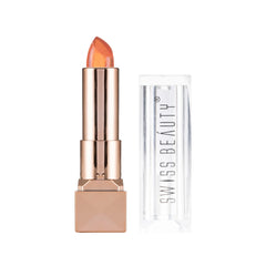 Glitter gel lipstick in metallic tube with orange-coral shade, shown with clear packaging
