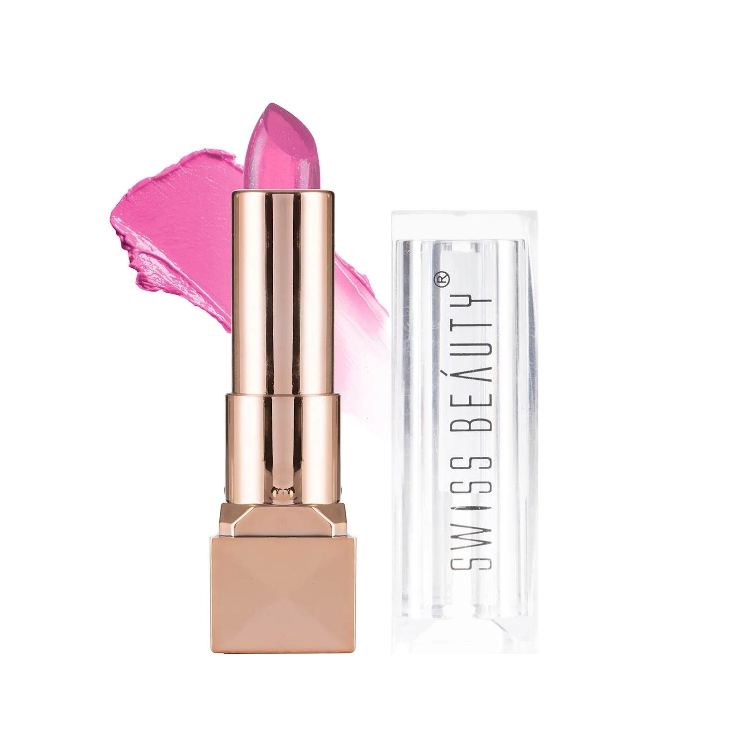 Glitter gel lipstick in metallic rose-gold case with magenta lip swatch and open tube holder.