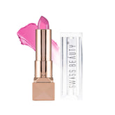 Glitter gel lipstick in metallic rose-gold case with magenta lip swatch and open tube holder.