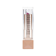 Glitter gel lipstick in metallic rose-gold with open clear case, centered on a light background.