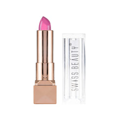 Glitter gel lipstick in metallic rose-gold case with magenta lip tint and open clear tube holder.