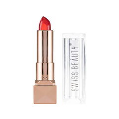 Glitter gel lipstick, front view of red glossy bullet and clear case