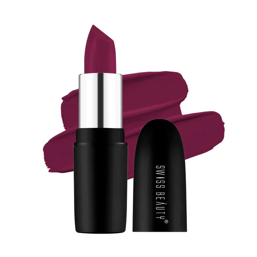 Matte lipstick in red wine, shown with black cap and silver tube