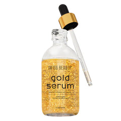 Gold serum bottle with black dropper and clear tube; amber-gold liquid