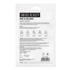 Swiss Beauty Rose & Collagen sheet mask pouch back with barcode and instructions area