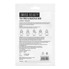 Swiss Beauty tea tree & salicylic acid sheet mask packet back with product details