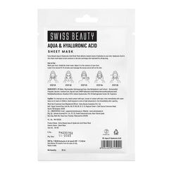 Swiss Beauty Aqua & Hyaluronic Acid sheet mask pouch with directions and ingredients