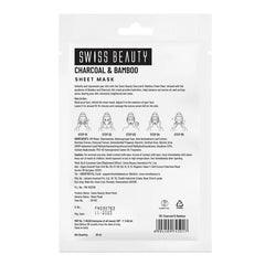 Charcoal & bamboo sheet mask pouch back panel with instructions and barcode