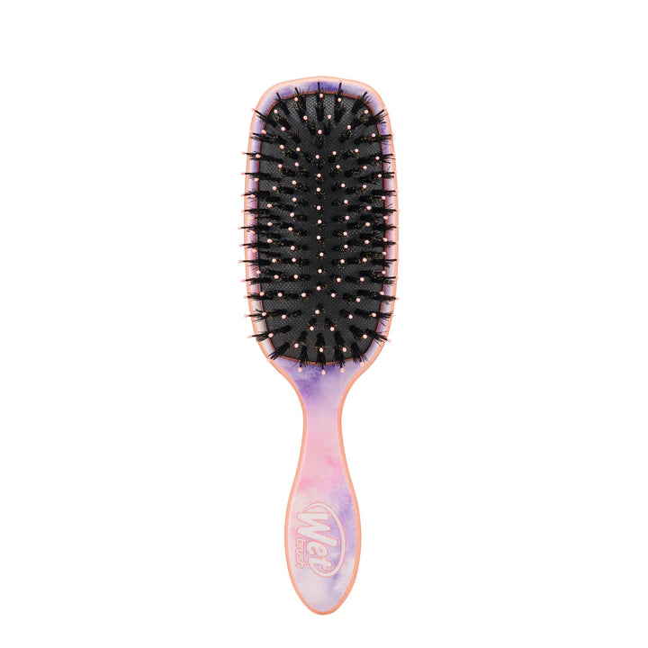 Hair styling brush with black bristles and pink-purple handle