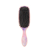 Hair styling brush with black bristles and pink-purple handle