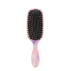 Hair styling brush with black bristles and pink-purple handle