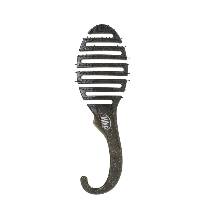 Glitter black shower detangling brush with cushioned handle and rows of flexible bristles