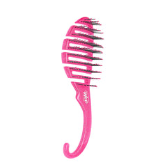 Glitter pink shower detangling brush with curved hook handle and rowed detangling pins