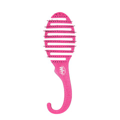 Glitter pink shower detangling brush with curved hook handle and bristle head