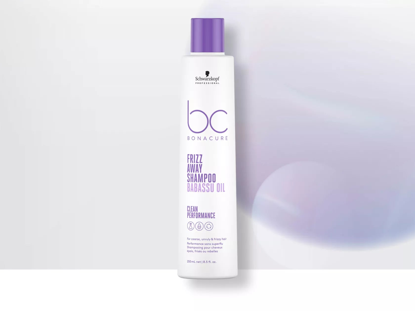 BC Bonacure Frizz Away shampoo bottle, white with purple cap, 250ml