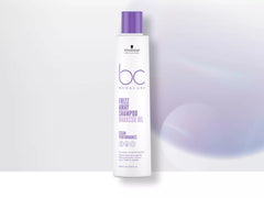 BC Bonacure Frizz Away shampoo bottle, white with purple cap, 250ml