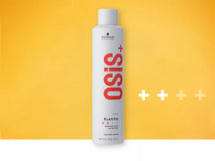 Elastic hairspray bottle with grey cap and red Osis+ label