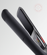 Black hair straightener with open ceramic plate and control panel