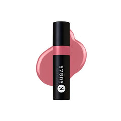 Glossy lipstick tube with pink-brandy swatch smear