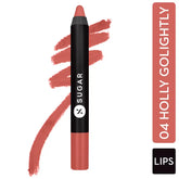Matte lip crayon in nude rose with black cap and tip, shown with swatch