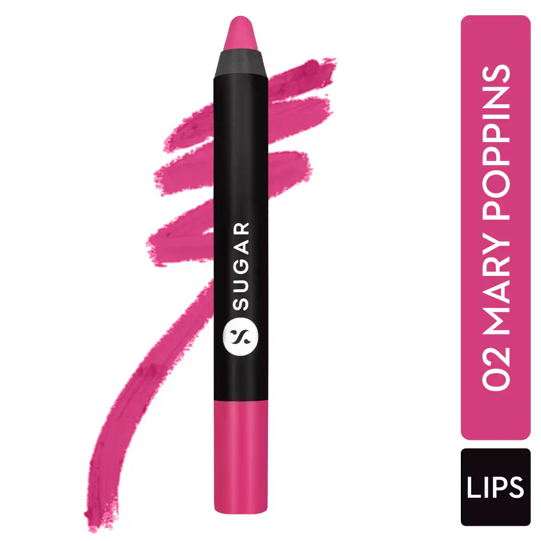 Sugar matte lip crayon in fuchsia, bullet tip with pink swatch behind