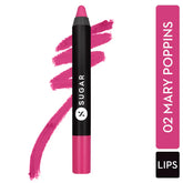 Sugar matte lip crayon in fuchsia, bullet tip with pink swatch behind