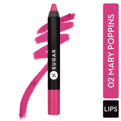 Sugar matte lip crayon in fuchsia, bullet tip with pink swatch behind