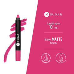 Sugar matte lip crayon in fuchsia with broad pink swatch, slim tube view