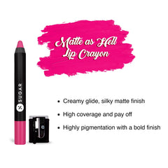 Sugar matte lip crayon in fuchsia with pink swatch and small retail box