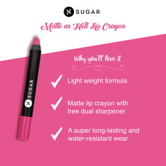Sugar matte lip crayon in fuchsia with black cap and rounded tip