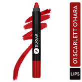 Red matte lip crayon with black cap; red swatch on background behind.