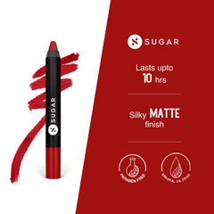 Red matte lip crayon shown with product design panel and icons.