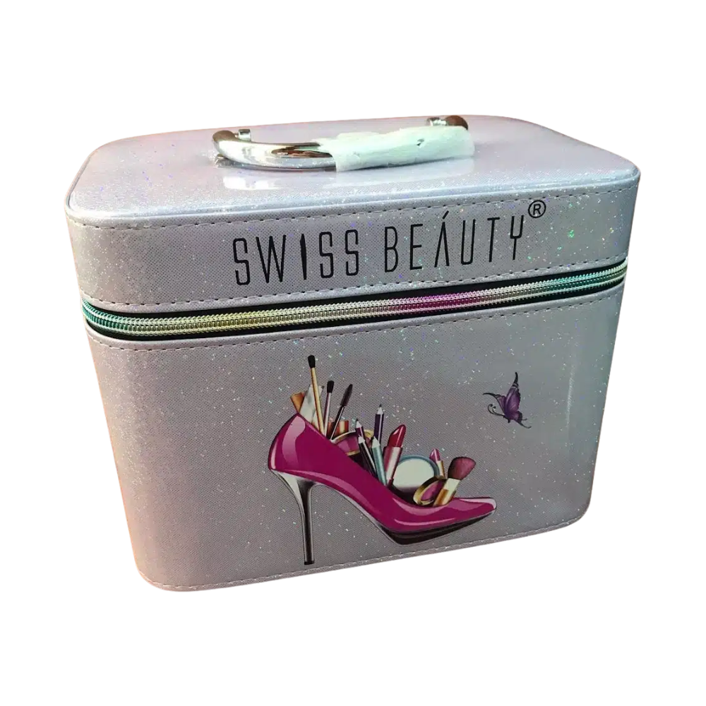 Silver glitter makeup trousseau box with zipper, handle, SWISS BEAUTY logo and heel motif