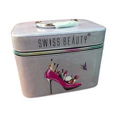 Silver glitter makeup trousseau box with zipper, handle, SWISS BEAUTY logo and heel motif